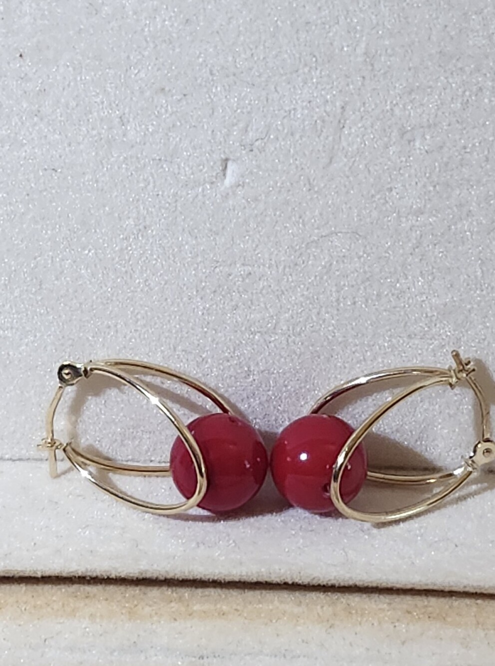 14kt Gold Coral Hoop Earrings with Red Bead Accent - Classic Women's Jewelry